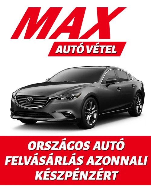 MAX Autó Vétel logó és egy szürke személyautó
